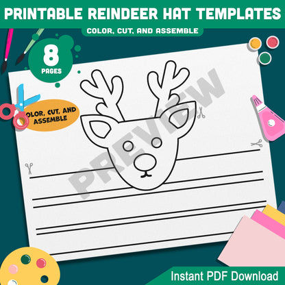 Festive Reindeer Hat Crown Templates: Christmas Craft Activity for Kids, 4 Unique Designs in Color & Black-and-White, Printable Instant Download.