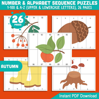 Autumn-Themed Sequence Puzzles: Numbers 1-100 & Alphabet A-Z for Early Learners, Perfect for Math Centers