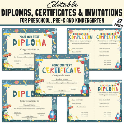 Kindergarten Certificates End of the Year, Preschool, Pre K, Diplomas & Invitations, 37 Customizable PDF Pages, Instant Download