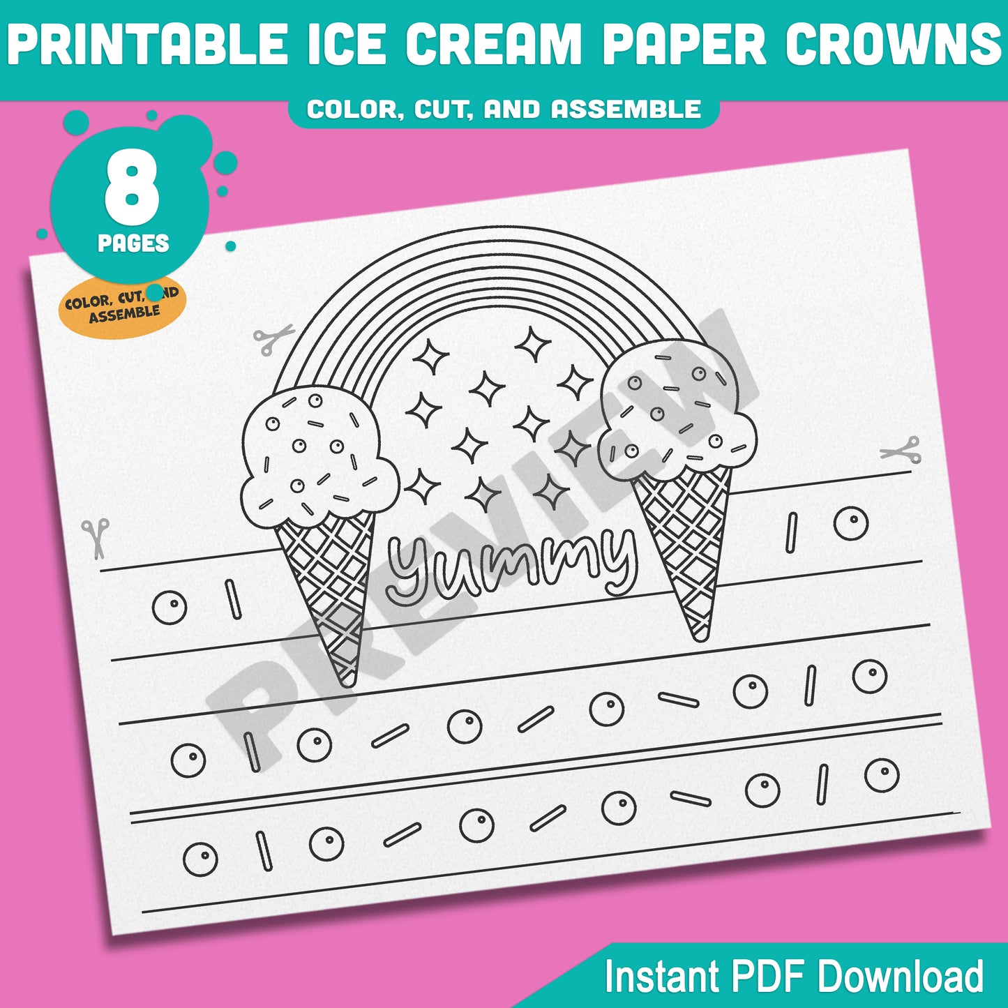 Ice Cream Crown Headbands & Hats for Summer Fun – Printable Kids Activity, 4 Cute Designs, Pre-Colored + Black & White, 8 Pages PDF