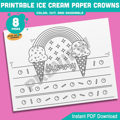 Ice Cream Crown Headbands & Hats for Summer Fun – Printable Kids Activity, 4 Cute Designs, Pre-Colored + Black & White, 8 Pages PDF