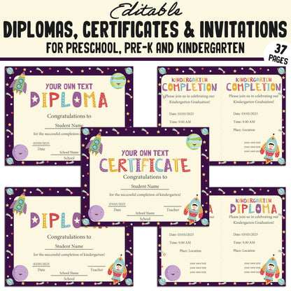 37 Editable Pre K Graduation Diploma, Preschool, Kindergarten Certificates, and Invitations – Instant PDF Download!