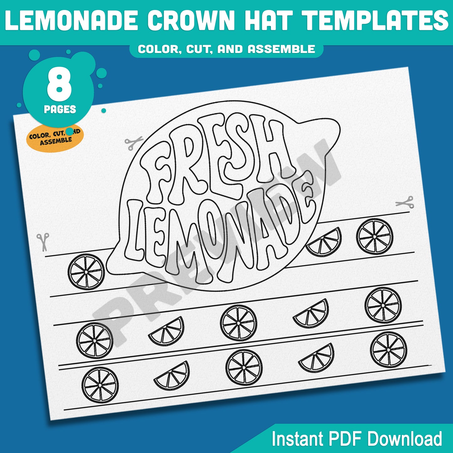 Lemonade Crown Hat Templates – Printable Summer Headband Craft for Kids, 8 Pages with Coloring Option, Instant PDF Download