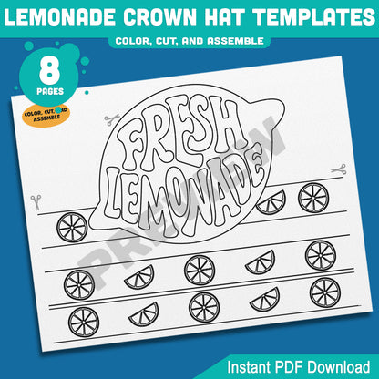 Lemonade Crown Hat Templates – Printable Summer Headband Craft for Kids, 8 Pages with Coloring Option, Instant PDF Download