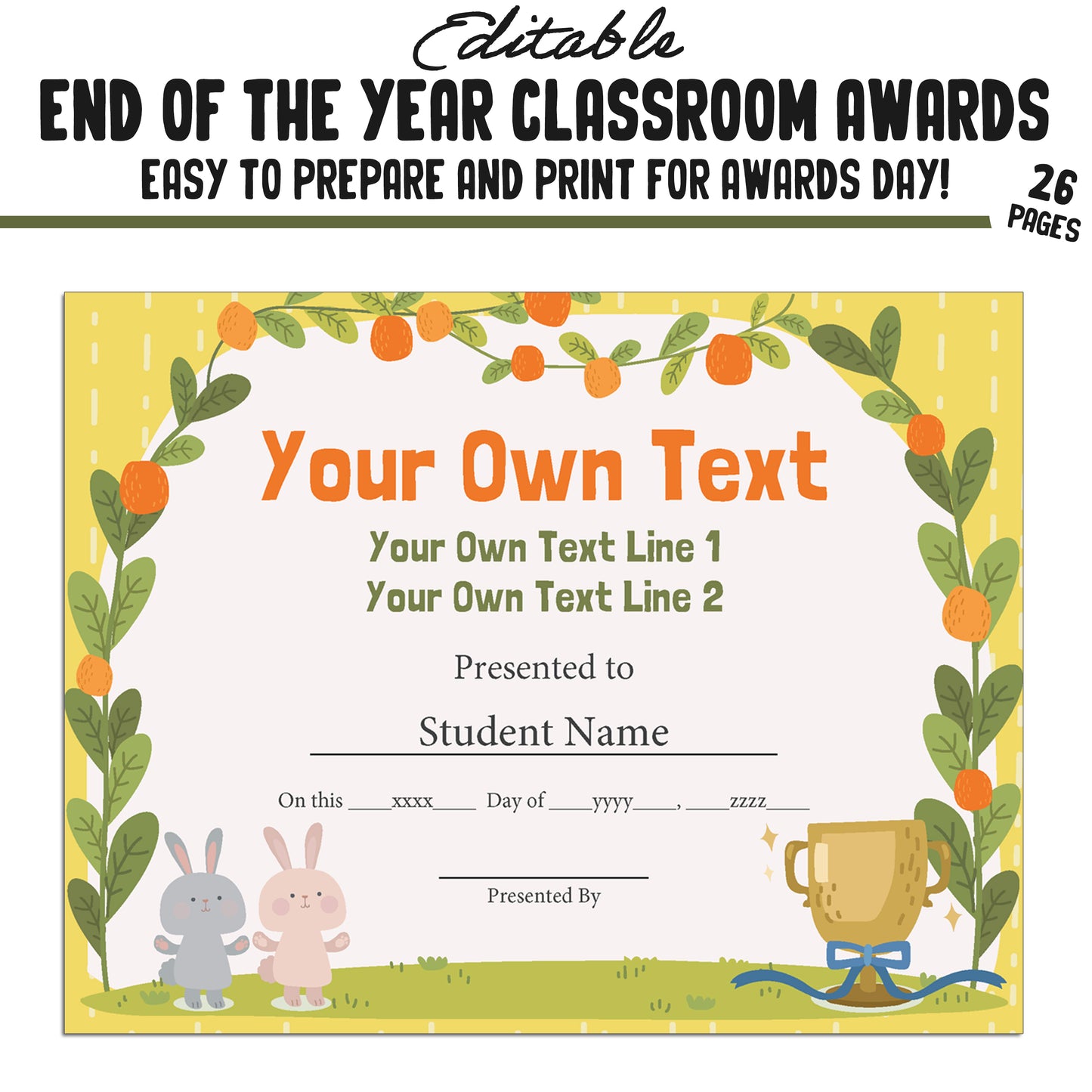 Editable End of Year Awards Certificates, 26 Pages, PDF, Instant Download – Perfect for Classroom and Student Achievements