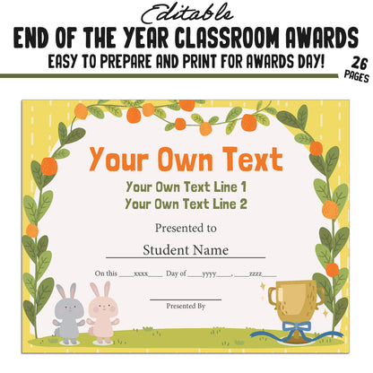 Editable End of Year Awards Certificates, 26 Pages, PDF, Instant Download – Perfect for Classroom and Student Achievements