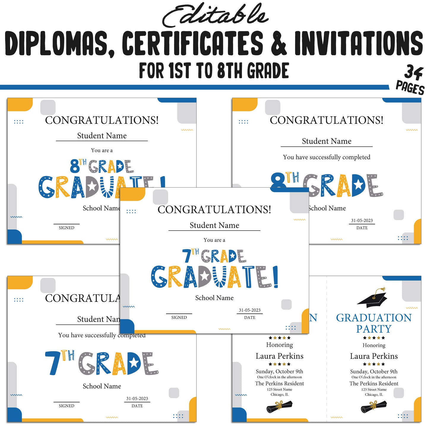 Editable 1st Grade Diploma, 1st-8th Grade Certificates, and Invitation Templates in a Simple & Modern Theme, PDF Instant Download.