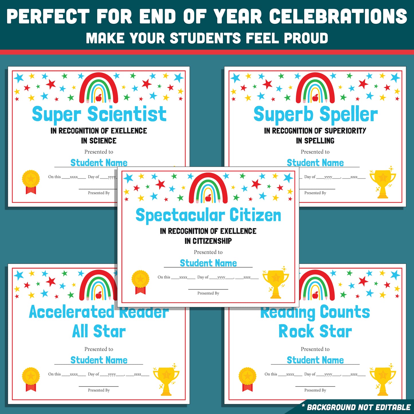 Student Awards Certificates, Printable Classroom Recognition Pack, 26 Editable Designs, Achievement Honors, Simple Editing, Teacher Friendly Resource