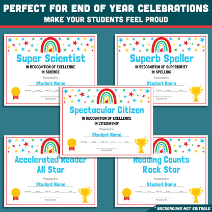 Student Awards Certificates, Printable Classroom Recognition Pack, 26 Editable Designs, Achievement Honors, Simple Editing, Teacher Friendly Resource