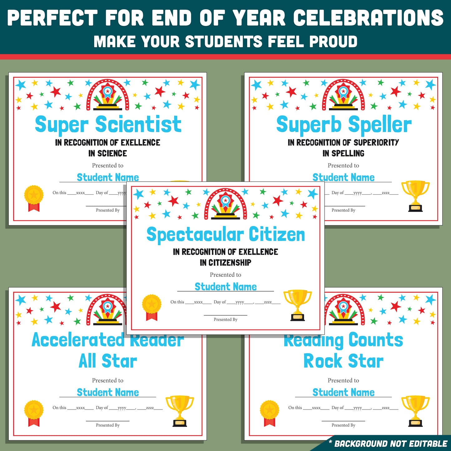 Classroom Superlatives End of Year, Printable Certificates Bundle, 26 Editable Designs, Student Recognition Pack, Lighthearted Classroom Awards
