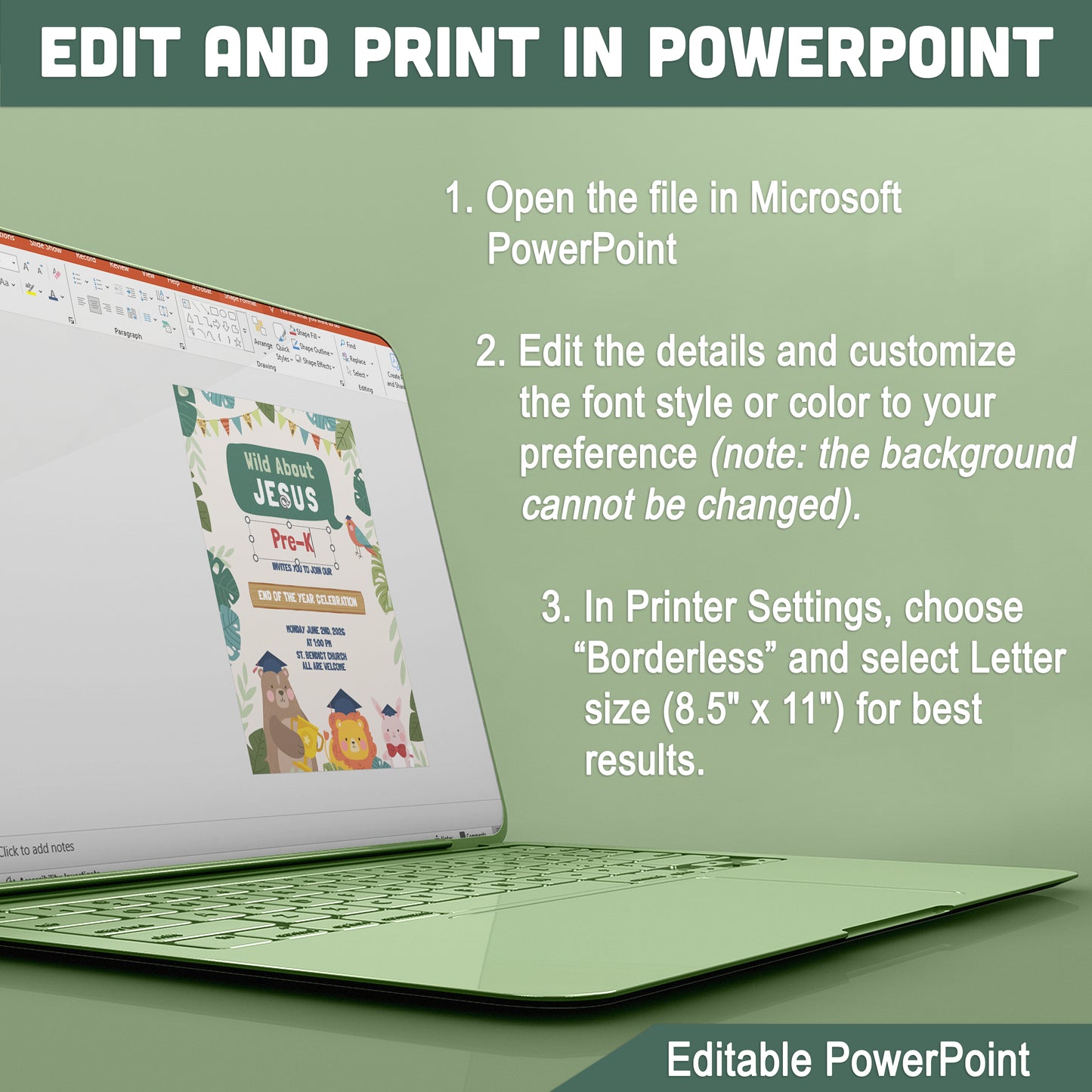 Editable Jungle Graduation Invitation, Printable Safari Theme Invite Set, 4 Page Editable PowerPoint Template, 8.5x11 for Graduation Ceremony Day