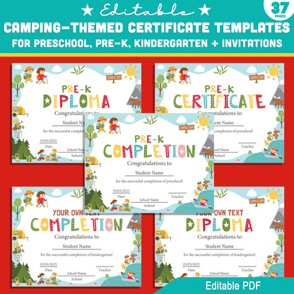 Preschool to Kindergarten Camping Certificate Pack – 37 Editable Templates with Diplomas & Invitations, Fun Outdoor Theme PDF Download