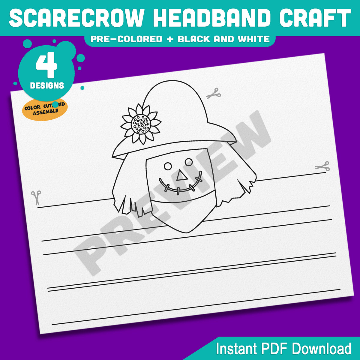 Scarecrow Headband Craft, Fall Paper Hat Activity, Printable Crown, Pre-Colored & Black and White, Autumn Craft for Kids, 4 Designs, A4, US Letter
