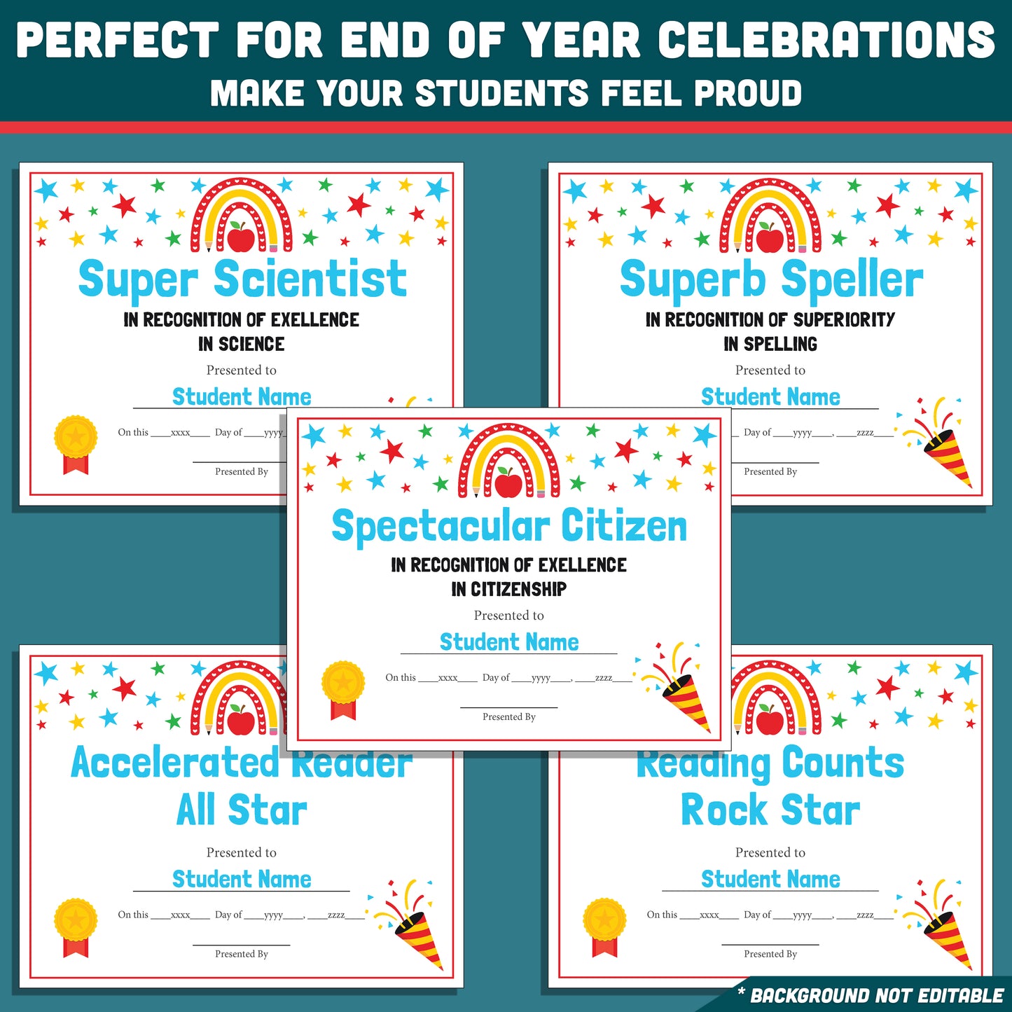 Editable Student Recognition Awards, Classroom Certificates, 26 Options, Printable Student Honors, Quick Personalization, Low Prep Teaching Tool