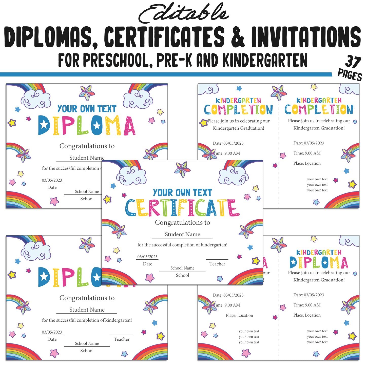 37 Editable Pre-Kindergarten, Kindergarten, and Preschool Diploma, Certificate & Invitation Templates, PDF Files, Instant Download