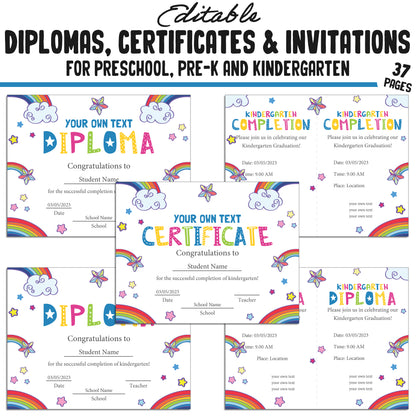 37 Editable Pre-Kindergarten, Kindergarten, and Preschool Diploma, Certificate & Invitation Templates, PDF Files, Instant Download