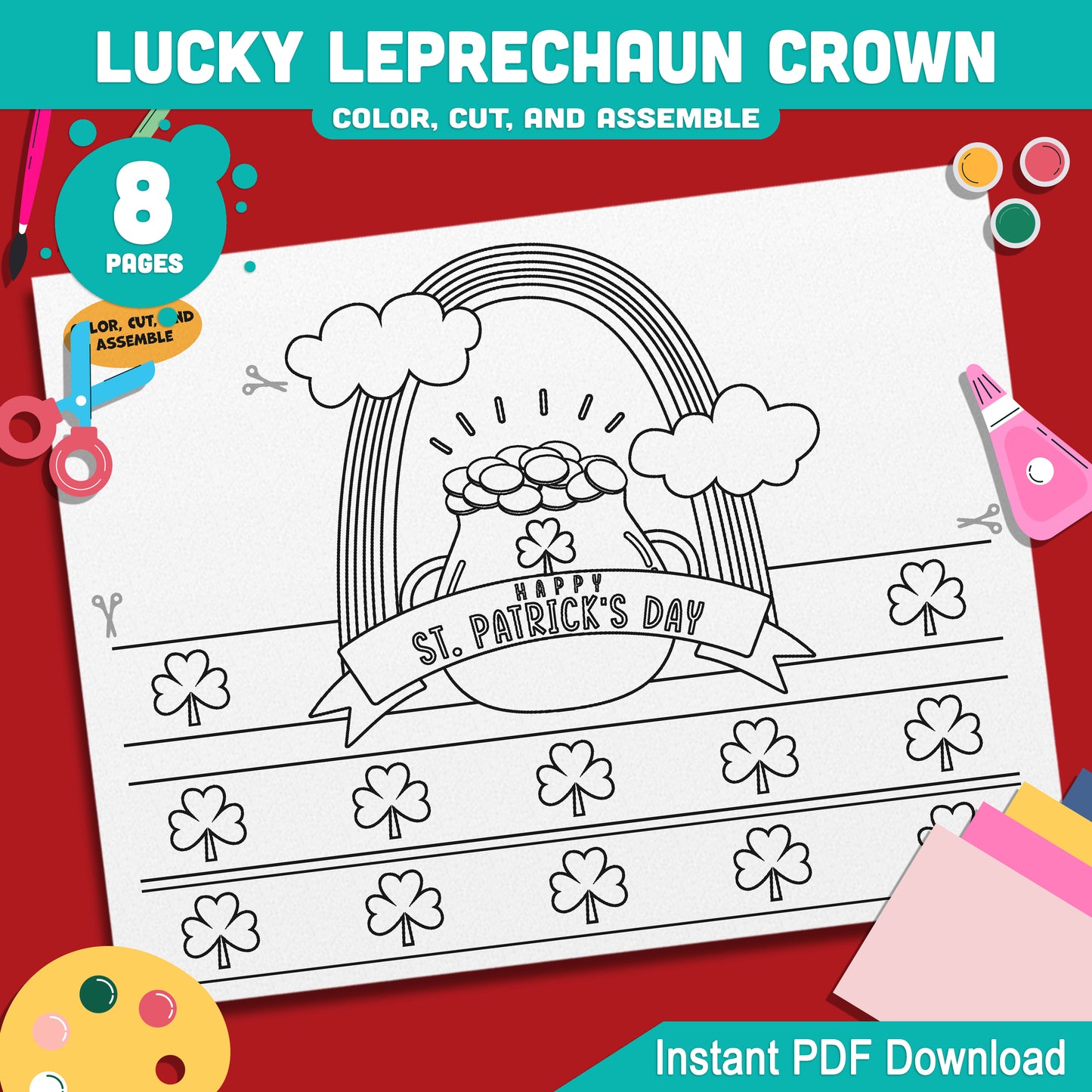 Lucky Leprechaun Crown – St. Patrick’s Day Printable Headband Craft for Kids, Shamrock Wearable Paper Hat Project, Pre-color + Black & White, Color Cut Wear PDF