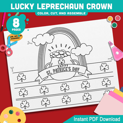 Lucky Leprechaun Crown – St. Patrick’s Day Printable Headband Craft for Kids, Shamrock Wearable Paper Hat Project, Pre-color + Black & White, Color Cut Wear PDF