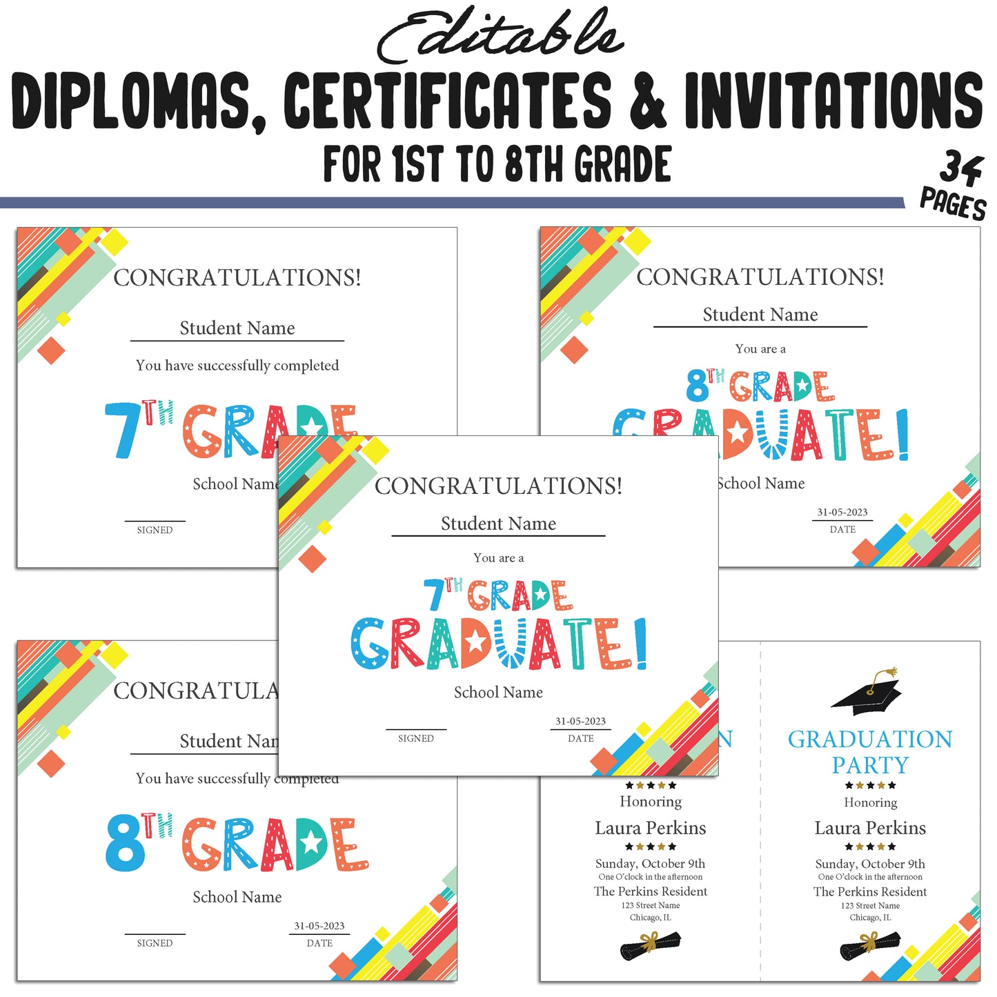 Editable Diplomas for 5th Grade, Certificates for 1st-8th Grade & Invitation Templates in a Abstract Theme - 34 Pages, PDF Instant Download