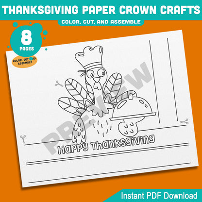 Printable Happy Thanksgiving Paper Crown Crafts, Fall Hat & Autumn Headband Activity for Kids, Party Paper Hat, 4 Designs, Pre-color + Black & White, PDF