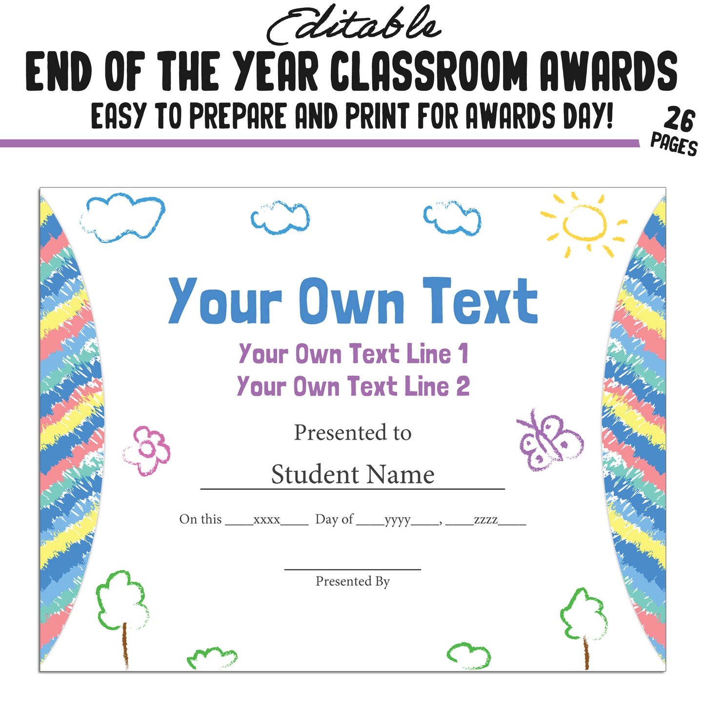 Editable End of Year Awards for Students, 26 Pages, PDF, Instant Download – Perfect for Classroom and Student Achievements