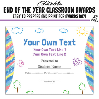 Editable End of Year Awards for Students, 26 Pages, PDF, Instant Download – Perfect for Classroom and Student Achievements