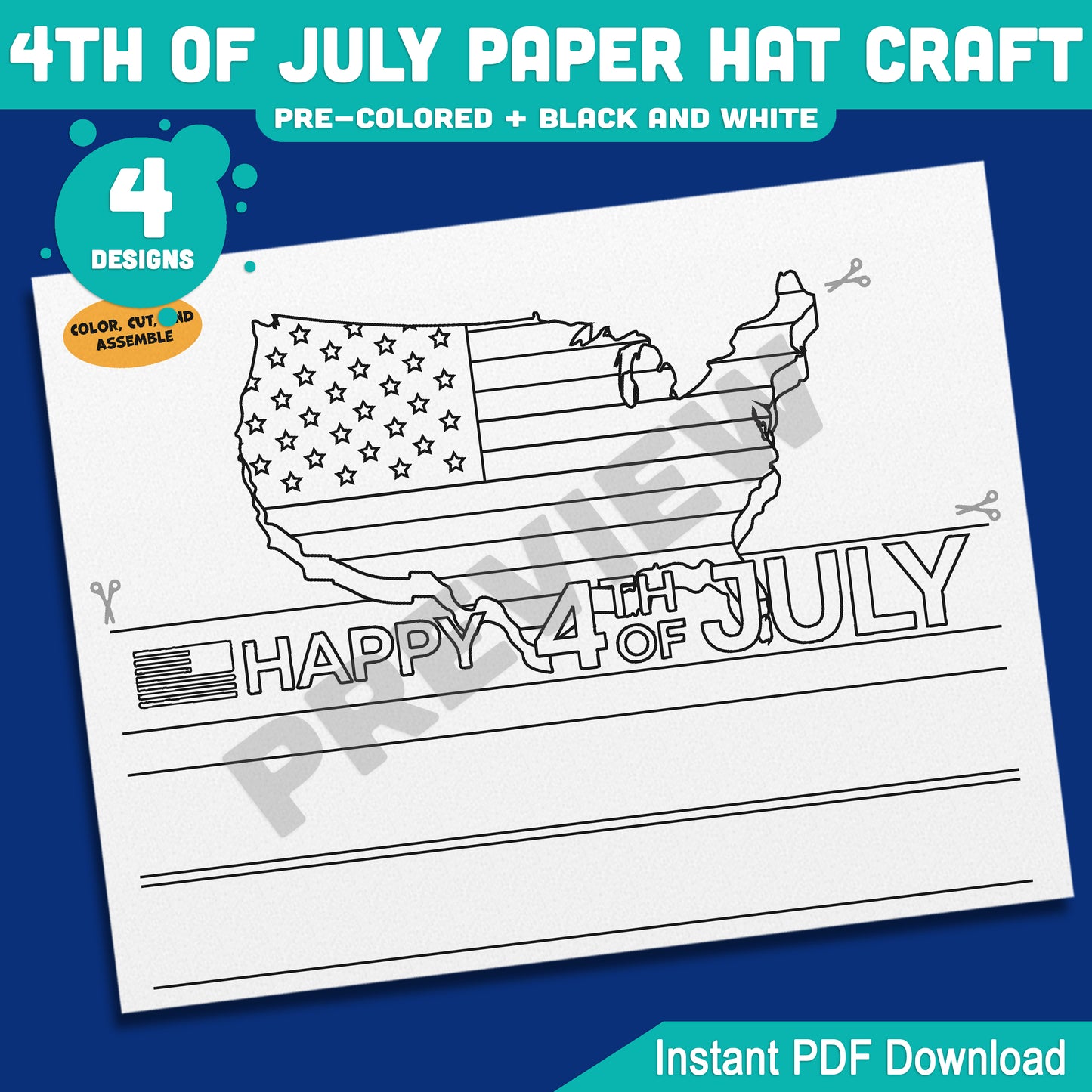 4th of July Paper Hat Craft, Patriotic Wearable Craft Activity for Kids, Printable Independence Day Party Hat Templates