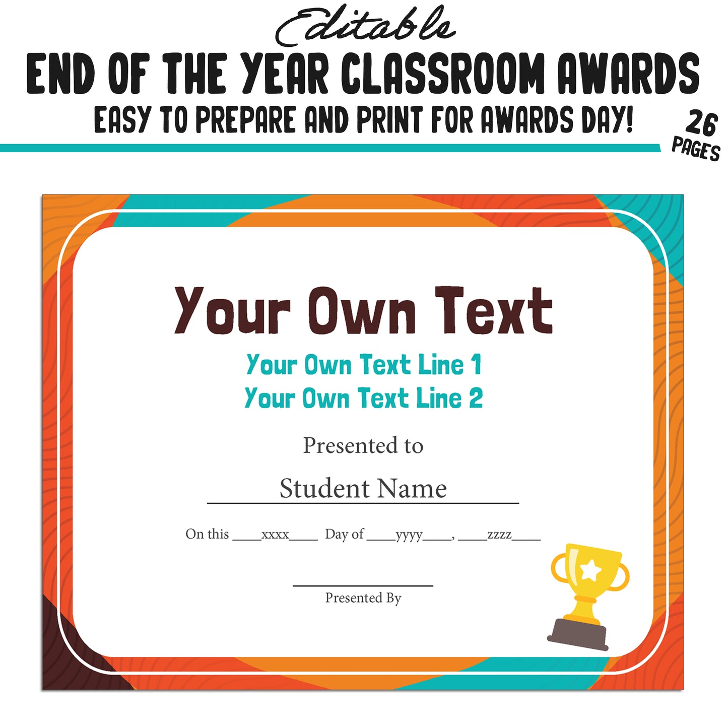 Editable Class Superlative End-of-Year Student Awards, 26 Pages, PDF, Instant Download – Perfect for Classroom and Student Achievements.