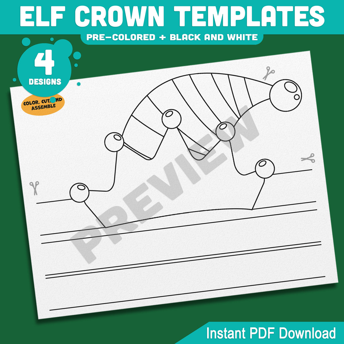 Elf Crown Templates, Christmas Coloring and Cutting Activity