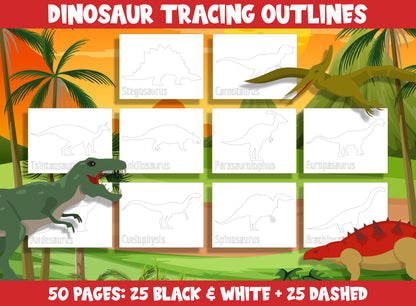 Printable Dinosaur Outline, 25 Blank (Black & White) + 25 Dashed Tracing Outlines Clipart Set, Template / Coloring Sheet for All Grades.