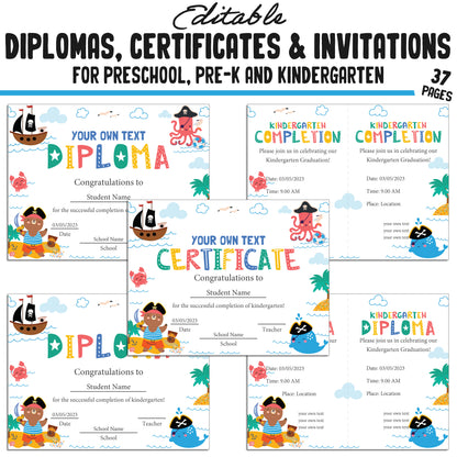 Printable / Editable Kindergarten, Pre-K, Preschool Completion Certificates, Diplomas & Invitations, PDF Files, Instant Download