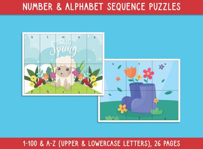 Spring Number and Alphabet Sequence Puzzles (Printable), 1-100 and A-Z (Upper & Lowercase Letters), for Toddler, Preschool, Kindergarten