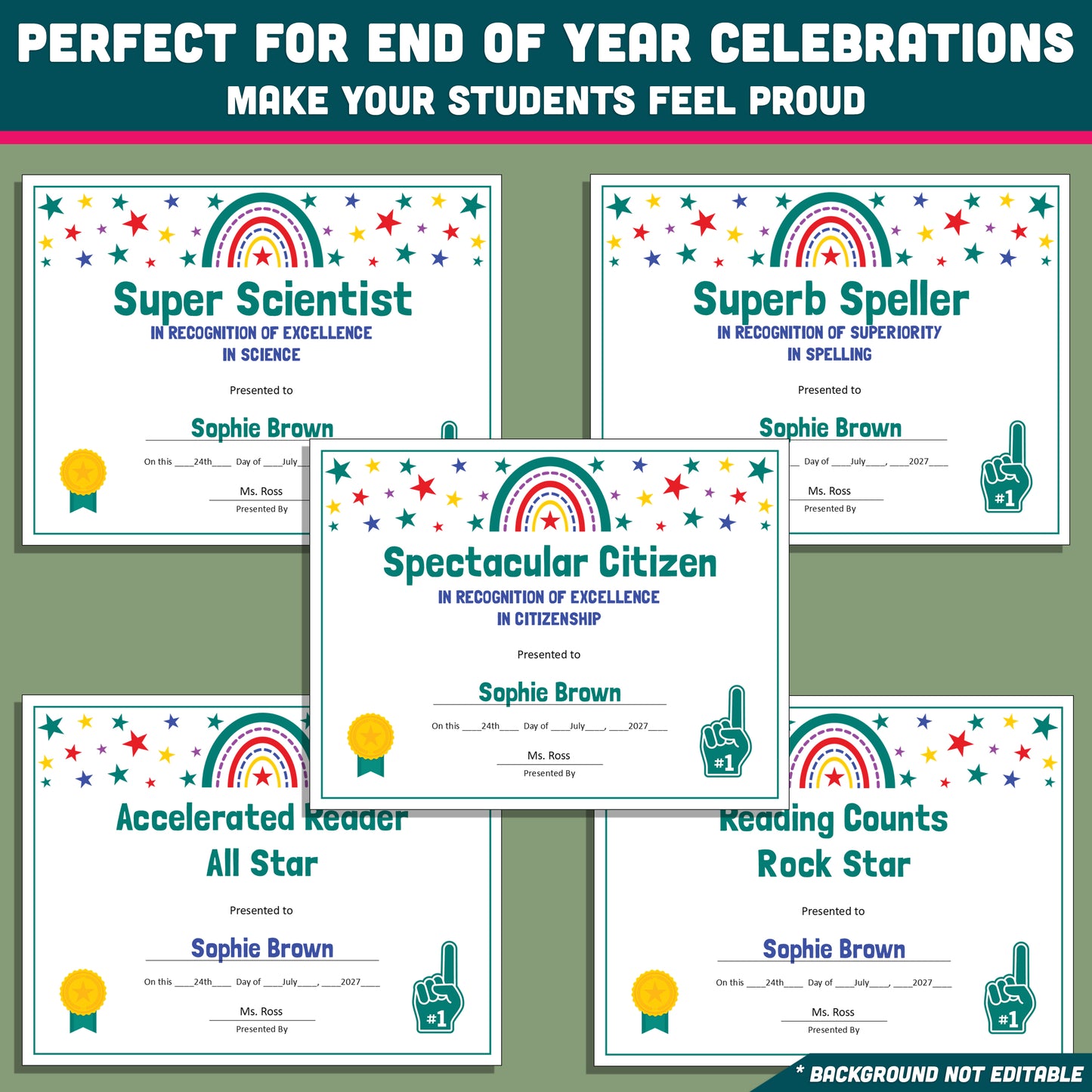 Custom Award Templates, Editable Student Certificates, 26 Printable Classroom Honors, PowerPoint Templates, Rainbow and Star Themed