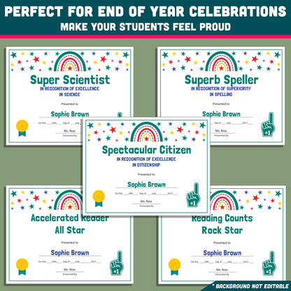 Custom Award Templates, Editable Student Certificates, 26 Printable Classroom Honors, PowerPoint Templates, Rainbow and Star Themed