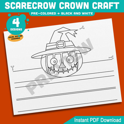 Scarecrow Crown Craft, Fall Paper Crown & Hat Activity, Printable Headband, Pre-Colored and Black & White, Autumn Craft, 4 Designs, A4, US Letter