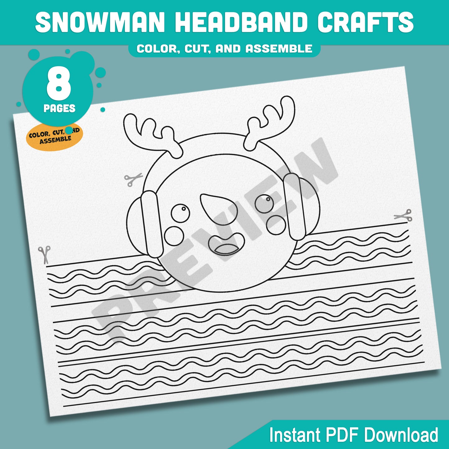 Printable Snowman Headband Crafts, Christmas Crown and Paper Hat Activity, Cut, Color & Assemble, Winter Craft for Kids, 4 Designs, Pre-color + Black & White, PDF Download