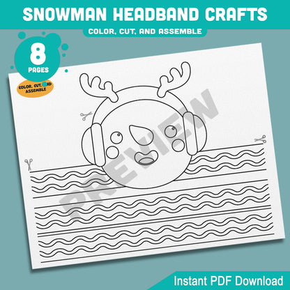 Printable Snowman Headband Crafts, Christmas Crown and Paper Hat Activity, Cut, Color & Assemble, Winter Craft for Kids, 4 Designs, Pre-color + Black & White, PDF Download