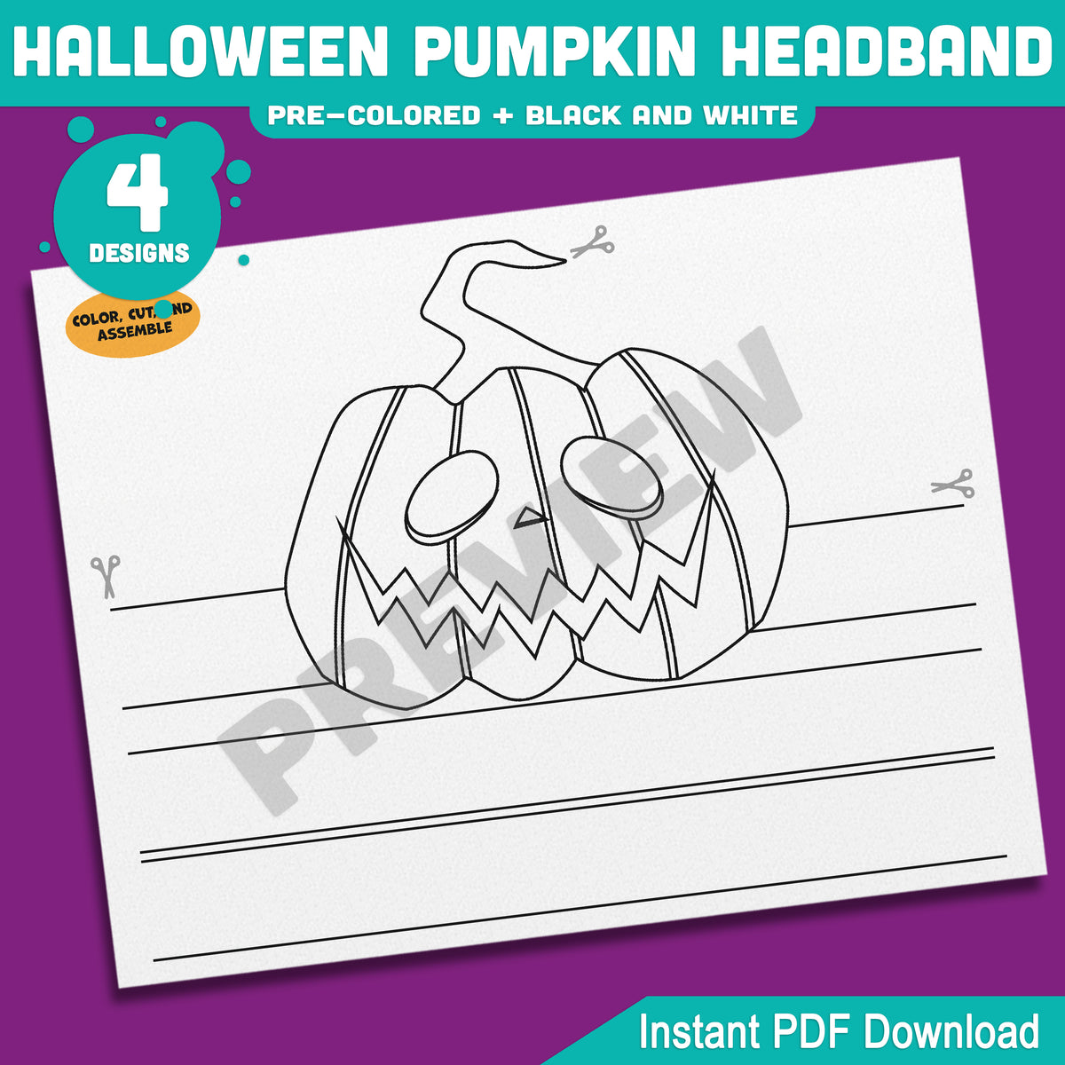 Halloween Pumpkin Headband Craft, Printable Pumpkin Hat, Autumn Paper Crown, Pre-Colored and Black & White, 4 Designs, US Letter, A4 PDF