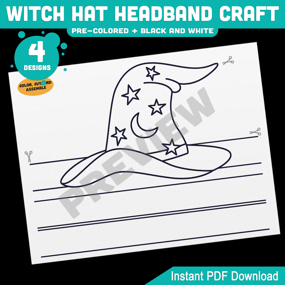 Witch Hat Headband & Crown Craft, Halloween Craft Templates for Kids, Paper Witch Hat, Pre-Colored + Black & White Printable Activity