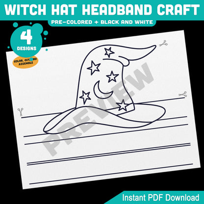 Witch Hat Headband & Crown Craft, Halloween Craft Templates for Kids, Paper Witch Hat, Pre-Colored + Black & White Printable Activity