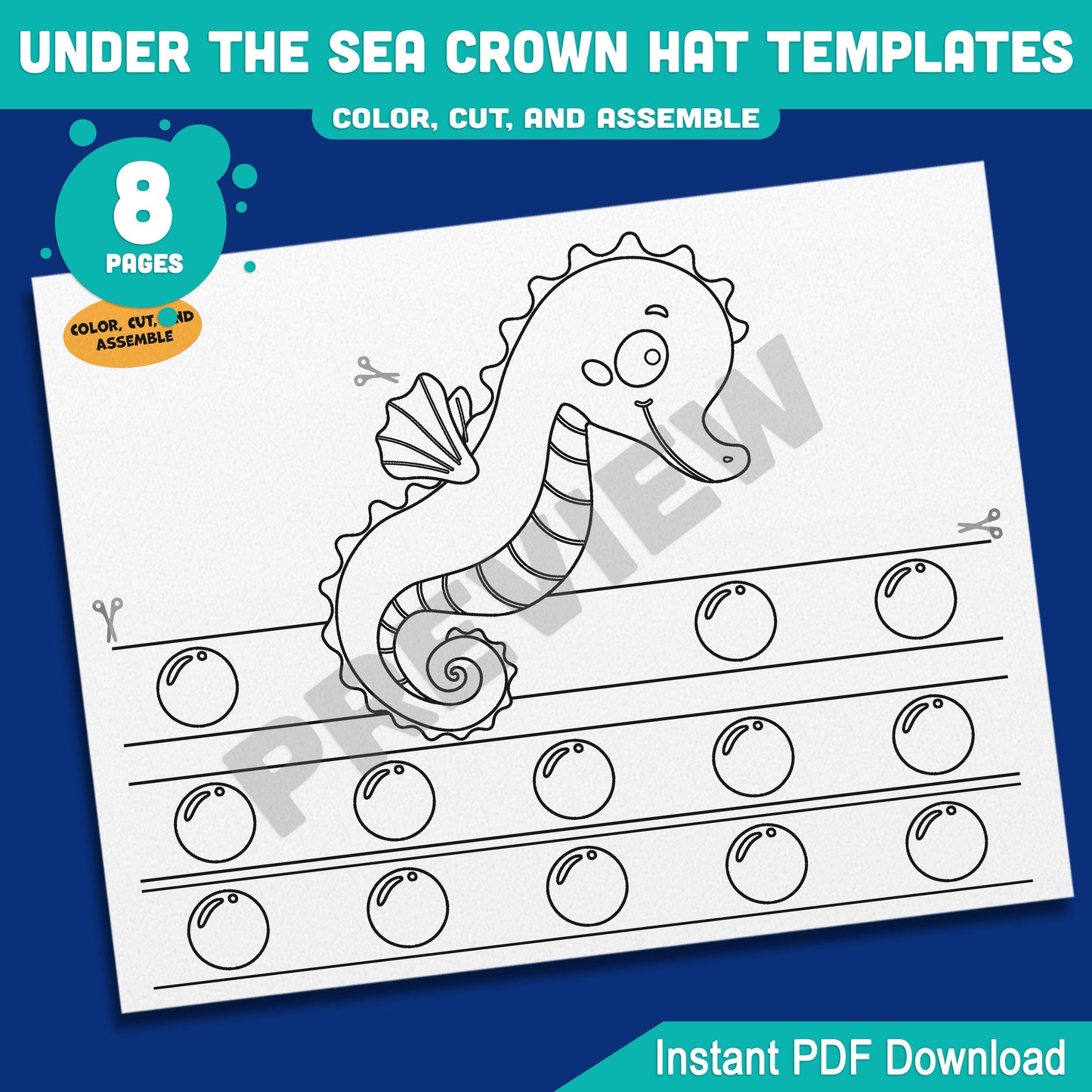 Under the Sea Crown Templates – 8 Fun Printable Headbands in Pre-Colored + Black & White for Preschool and Kids’ Ocean Crafts, PDF Download