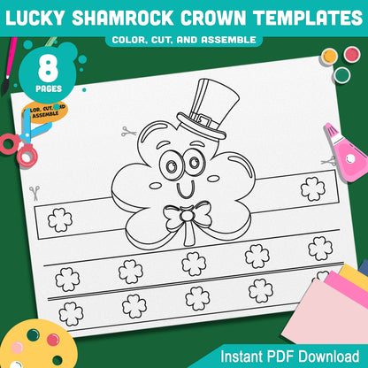 Lucky Shamrock Crown Templates – St. Patrick’s Day Wearable Craft, Shamrock Paper Crowns, Leprechaun School Headband, Play Party Hat, Pre-color + Black & White