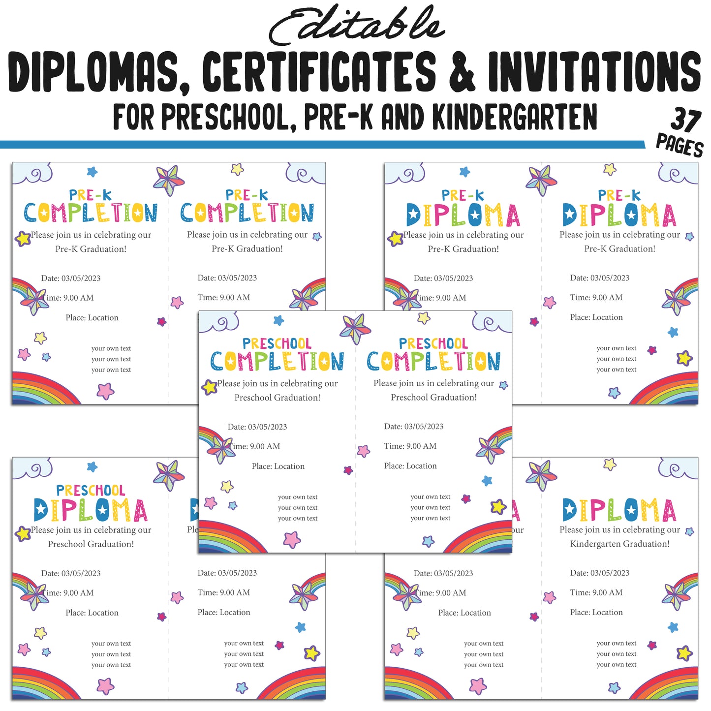 37 Editable Pre-Kindergarten, Kindergarten, and Preschool Diploma, Certificate & Invitation Templates, PDF Files, Instant Download