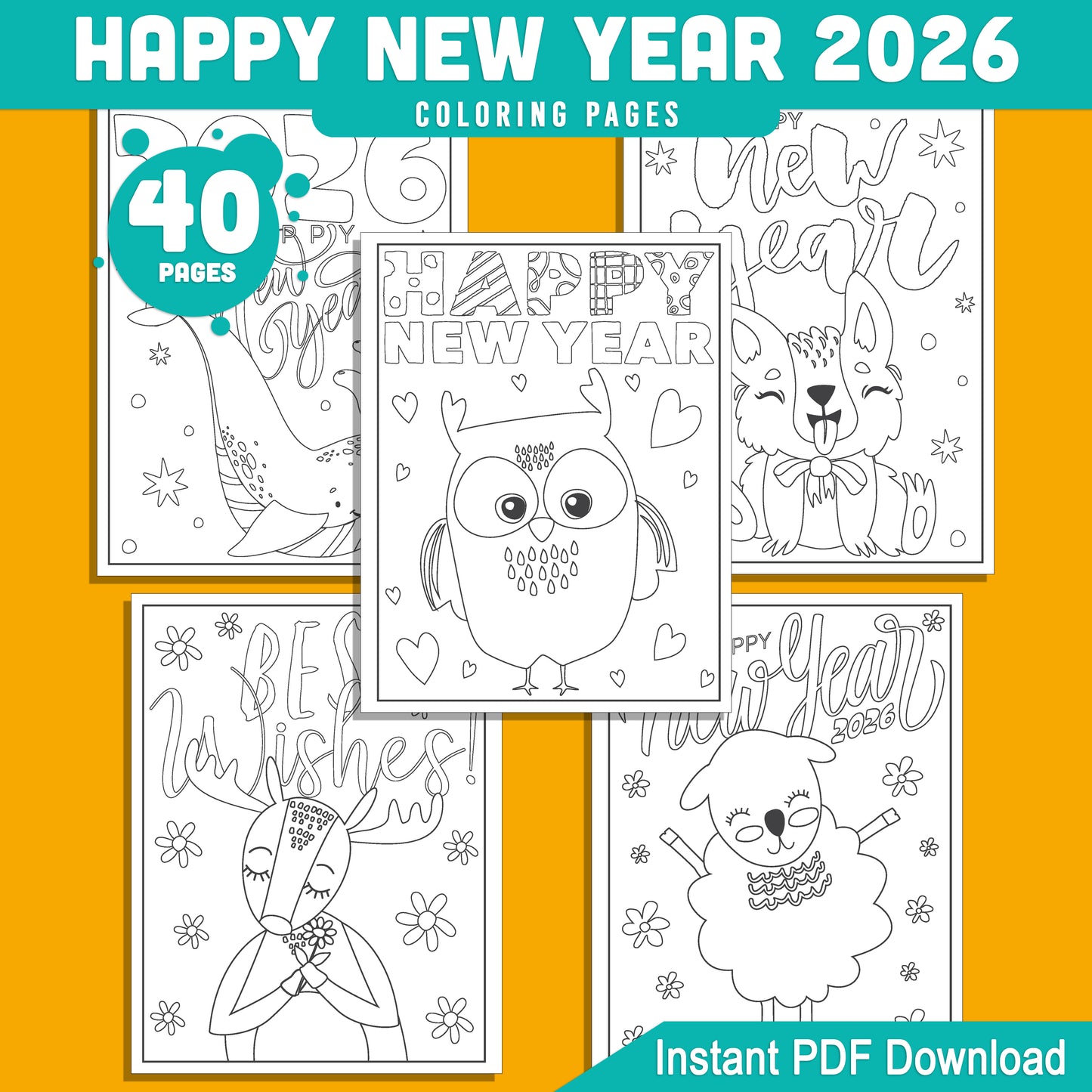 Kids' 2026 New Year Coloring Pages: 40 Funny Animal Prints for Holiday Fun, Creative Printable Activities, PDF Instant Download