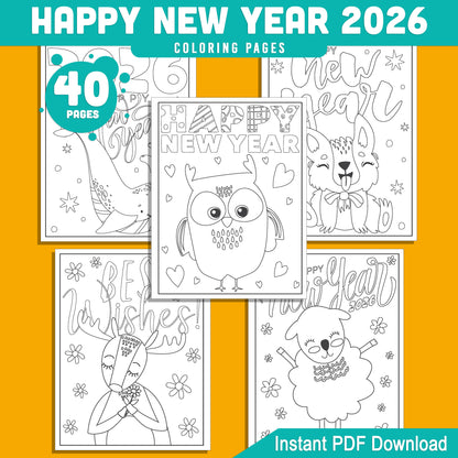 Kids' 2026 New Year Coloring Pages: 40 Funny Animal Prints for Holiday Fun, Creative Printable Activities, PDF Instant Download