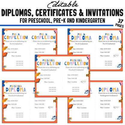 Boost Your Graduation Ceremony with 37 Editable Kindergarten, Pre-K, Preschool Certificates, Diplomas & Invitations, Instant PDF Download!