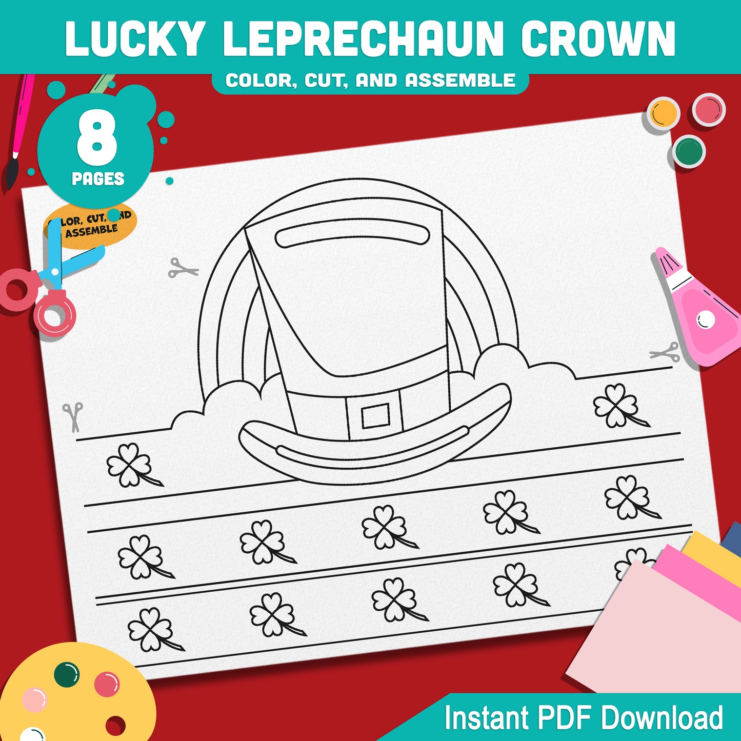 Lucky Leprechaun Crown – St. Patrick’s Day Printable Headband Craft for Kids, Shamrock Wearable Paper Hat Project, Pre-color + Black & White, Color Cut Wear PDF