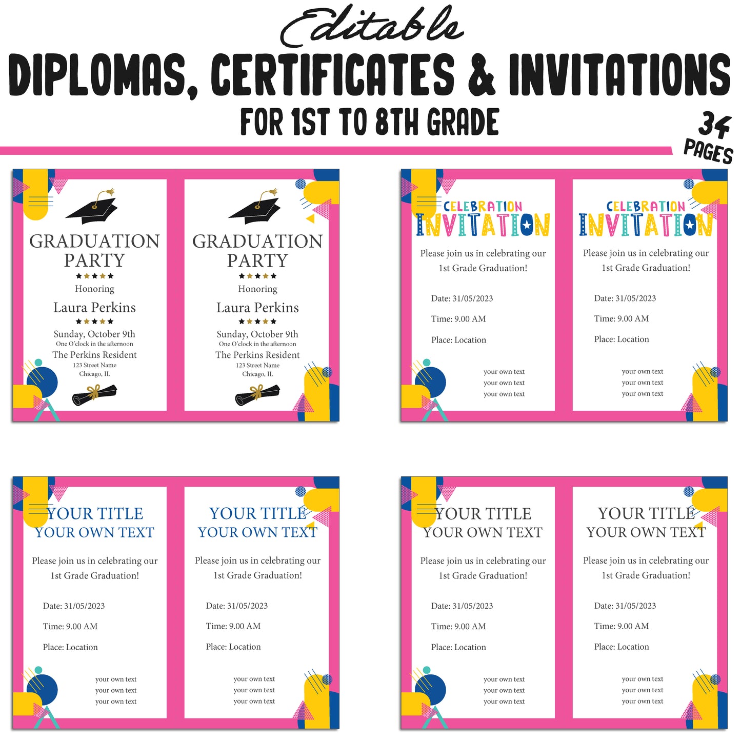 Editable Diploma for 1st Graders, 1st-8th Grade Graduation Certificates & Invitation Templates in a Flat Modern Theme - PDF Instant Download