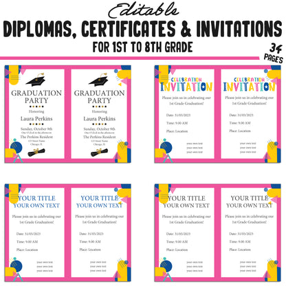 Editable Diploma for 1st Graders, 1st-8th Grade Graduation Certificates & Invitation Templates in a Flat Modern Theme - PDF Instant Download