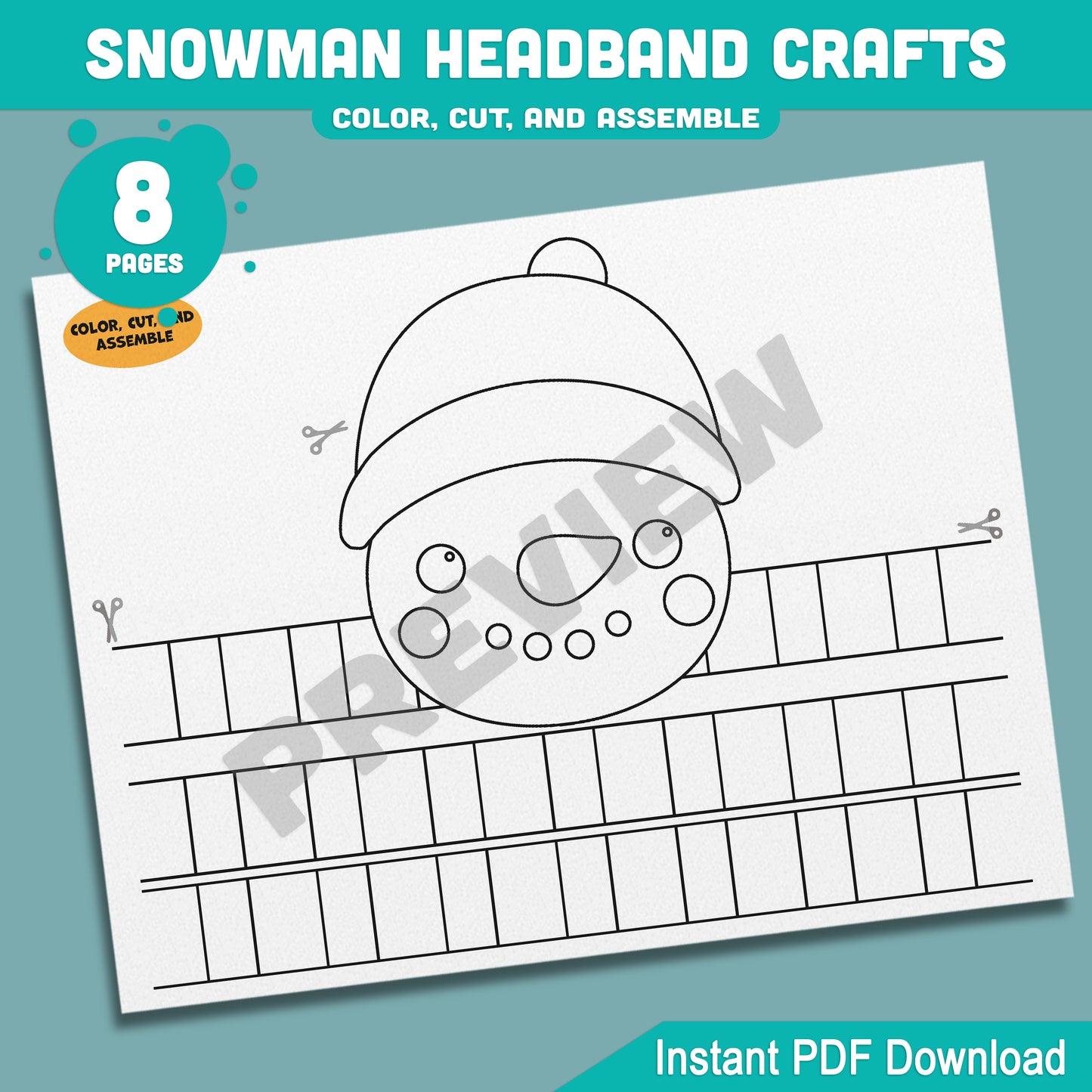 Printable Snowman Headband Crafts, Christmas Crown and Paper Hat Activity, Cut, Color & Assemble, Winter Craft for Kids, 4 Designs, Pre-color + Black & White, PDF Download